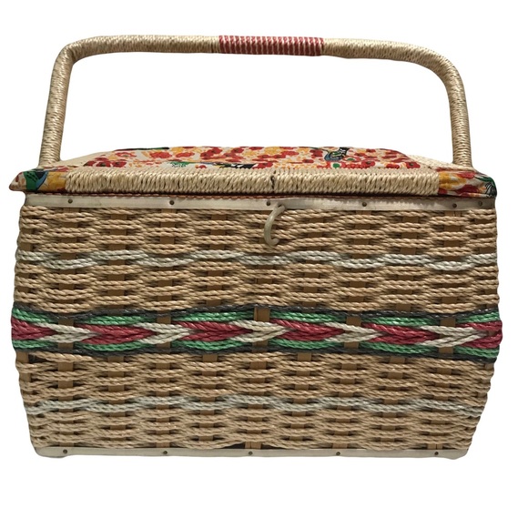 Vintage Birds & Floral Woven Wicker Sewing Basket - Picture 1 of 16
